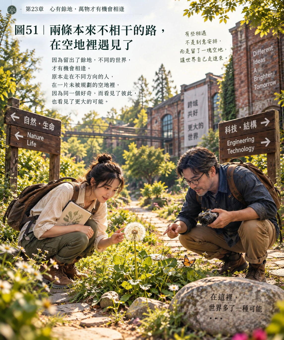 圖51裡,兩個人本來沿著不同方向而來。真正讓他們停下的,不是「跨領域合作」四個字,也不是一份事先設計好的任務,而是同一株蒲公英。那一刻還沒有成果、沒有結論,甚至沒有必要知道下一步會發生什麼。可就在他們同時蹲下來的那幾秒,原本分開的兩個世界,已經多了一條細細的通道。