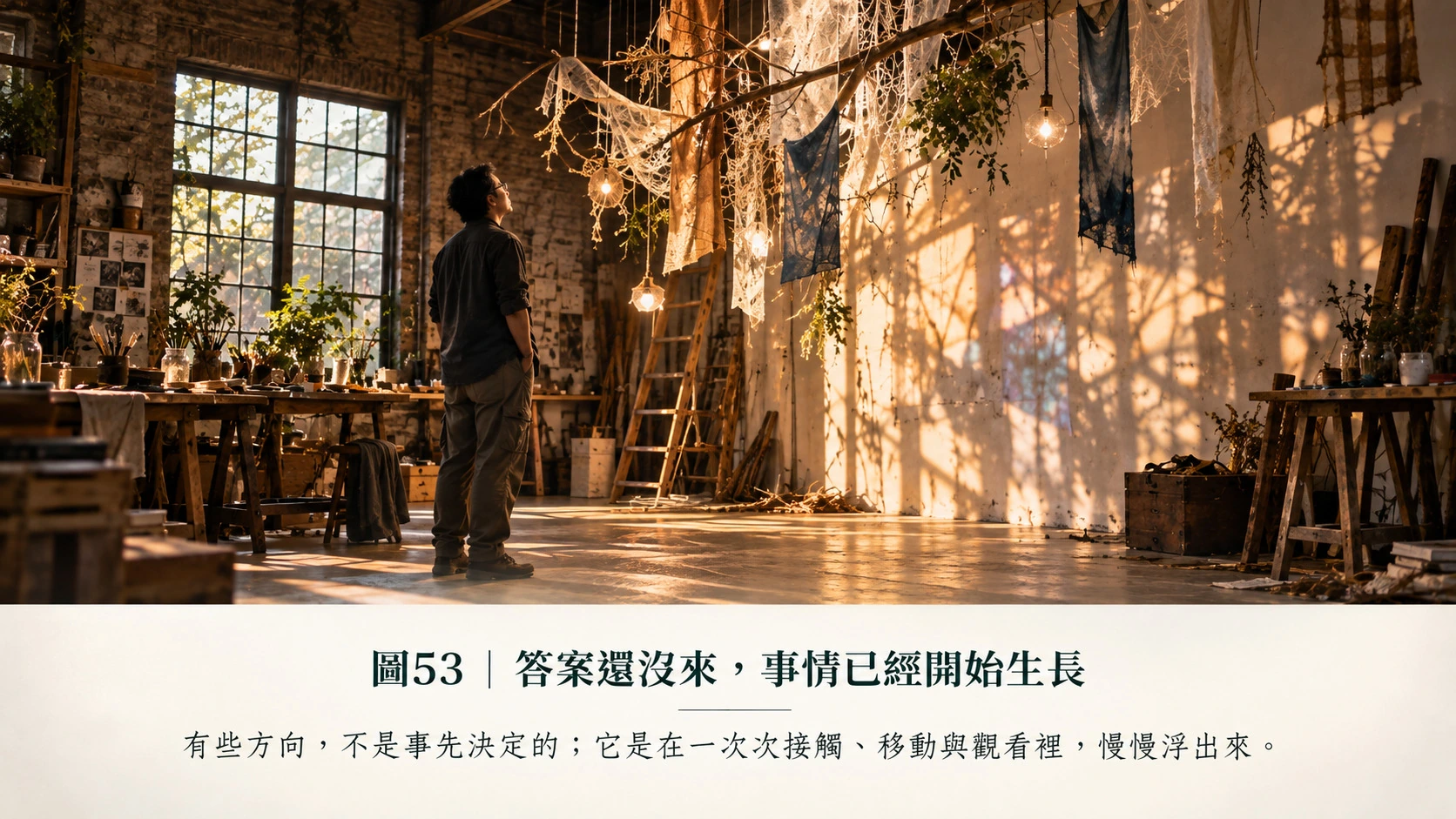 圖53裡,那位男子已經停手,站遠一點看。這個停頓很關鍵。當我們太急著把原計畫執行完,眼睛只剩「對不對」;退開幾步,才可能看見「還有什麼」。牆上的光影、材料的垂墜、植物與布面的交疊,都在告訴他:眼前的東西已經開始長出自己的性格。