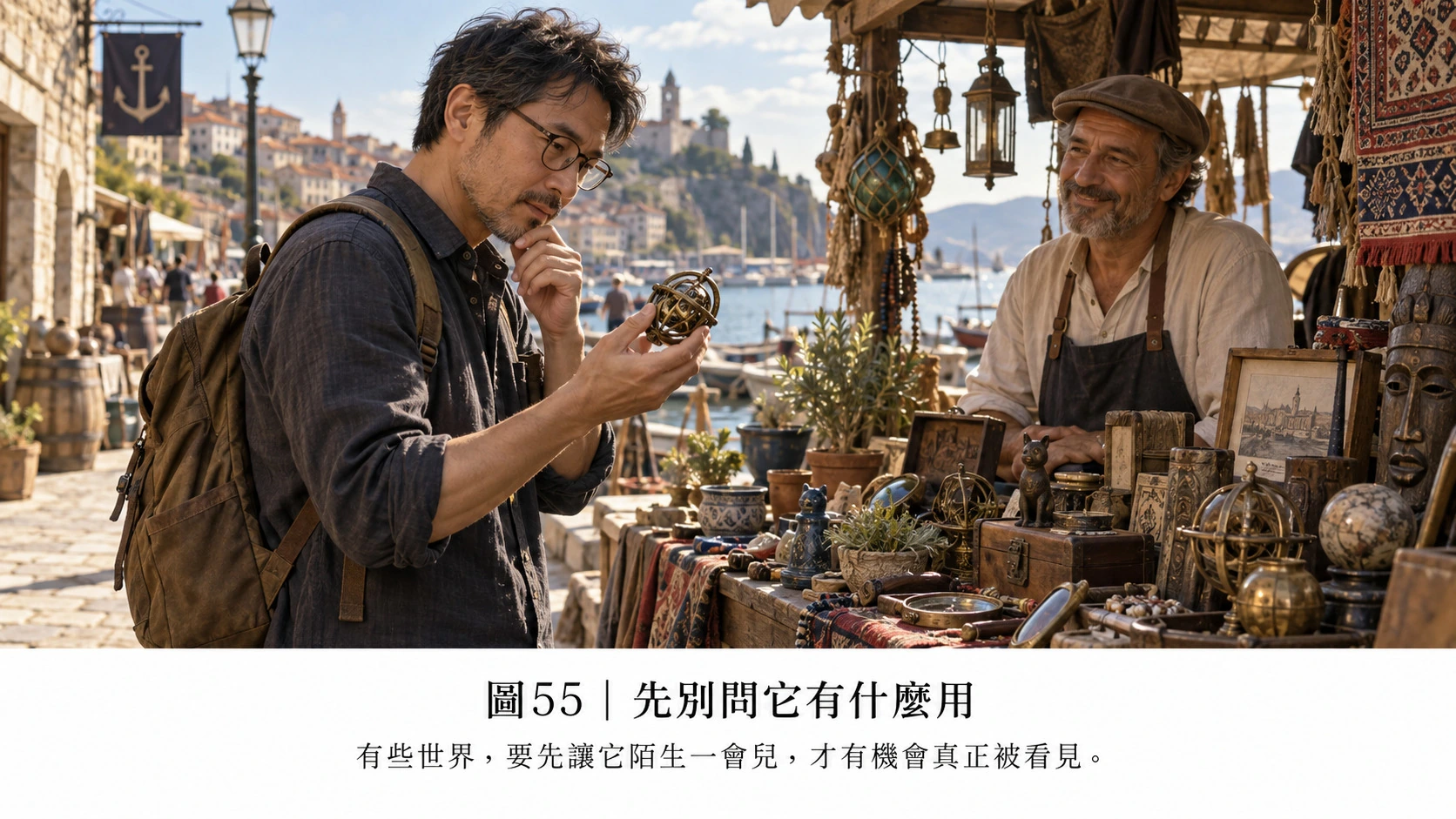 圖55裡，男子拿起一件不知道用途的老器物。最容易問的當然是：「這拿來做什麼？」可如果這句話晚十秒，他也許會先看見結構、轉軸、手工留下的痕跡，甚至注意到攤主看待它的方式。陌生因此不再只是「尚未查到功能的東西」，而成了一段可以被觀察的世界。