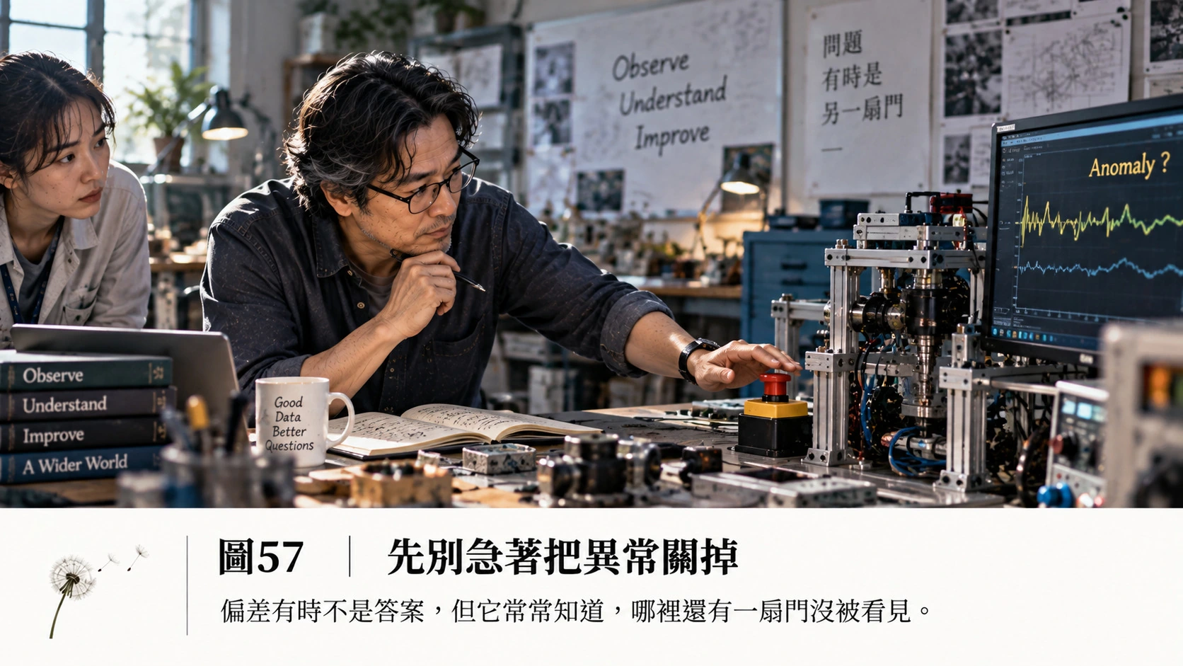 圖57裡,工程師的手停在停止按鈕附近。這個停頓不是逞強,而是在安全條件允許時,先留下波形、聲音、偏移方向、發生條件與時間關係。異常未必會直接給答案,但若不把它看清楚,後面所有修正都可能只是猜。