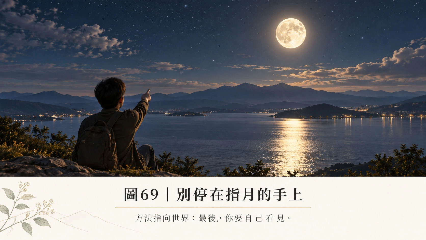 圖69最重要的地方,不是那隻手,而是手之外的月。手可以換,路可以換,方法也可以換;只要最後仍然能看見,就沒有辜負任何工具。
